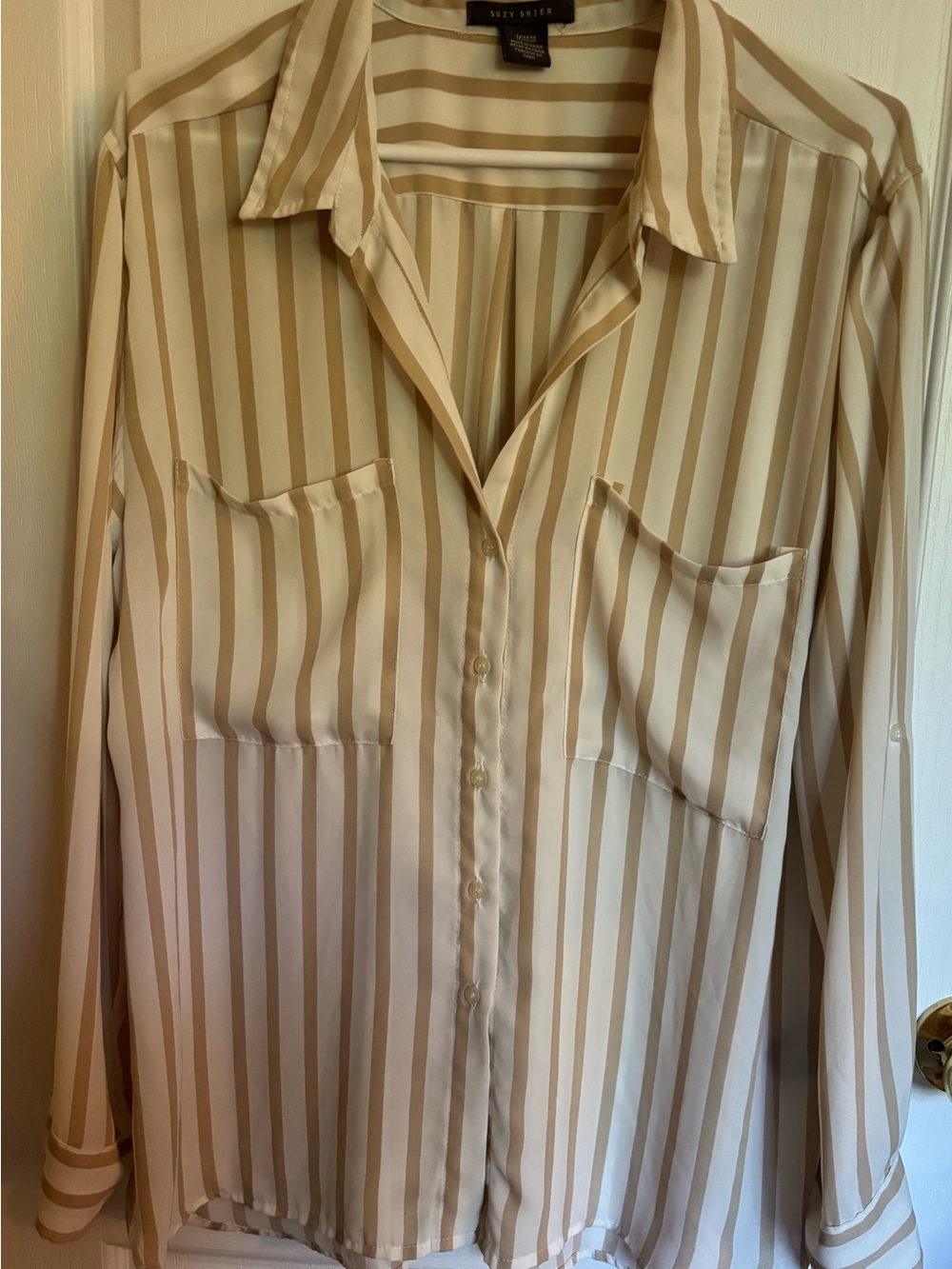 Suzy Shier oversized Cream and Beige Striped Button-Down Shirt